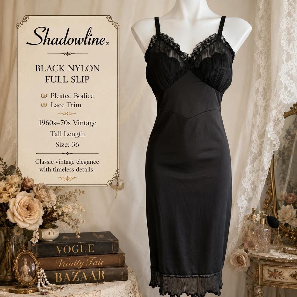 Shadowline Black Nylon Full Slip Pleated Bodice Lace Trim Tall 1960s 70s Size 36